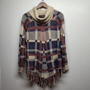 New Directions Knit Pullover Sweater Women Size XL Tan Blue Plaid Bohemian Fall